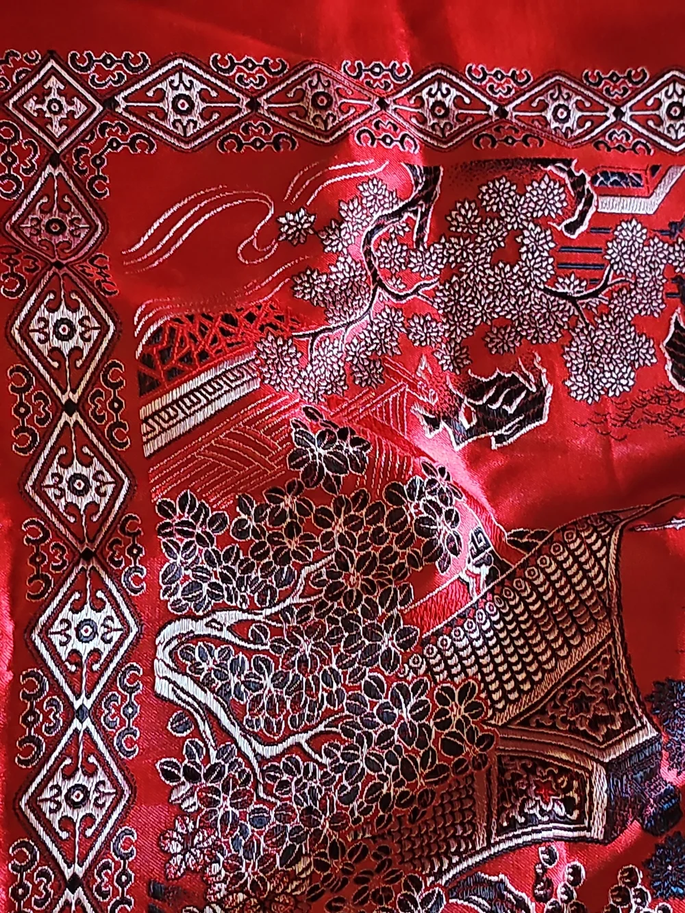 Vintage Chinese RED Silk Brocade Large Piano Shawl / Tablecloth Tapestry